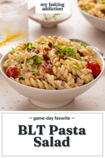 Serving of BLT pasta salad in a small white bowl. Text overlay includes recipe name.