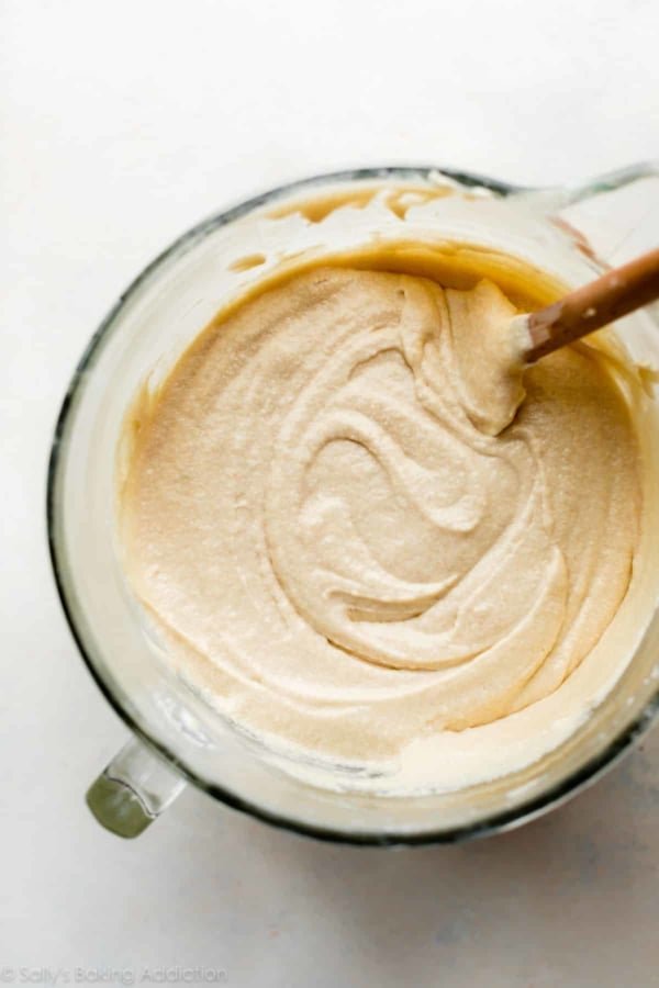 Smith Island cake batter in a glass bowl