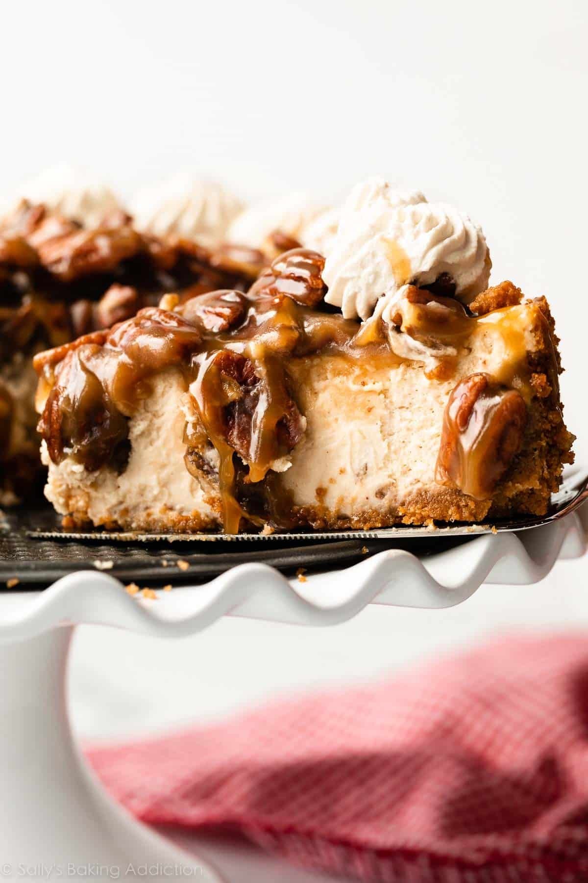 removing a slice of brown sugar cheesecake topped with caramel pecans from the springform pan.