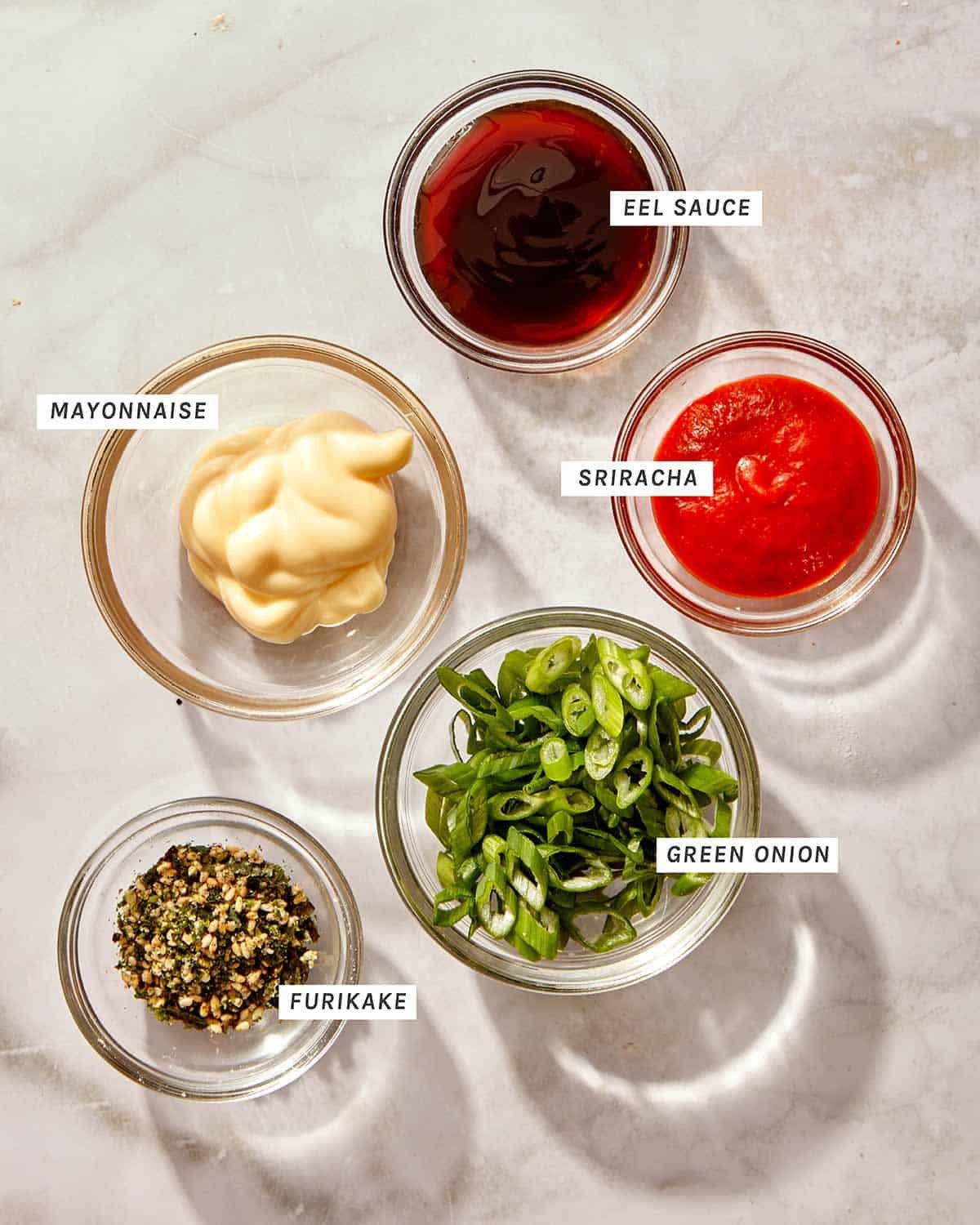 Toppings for our salmon sushi bake recipe.