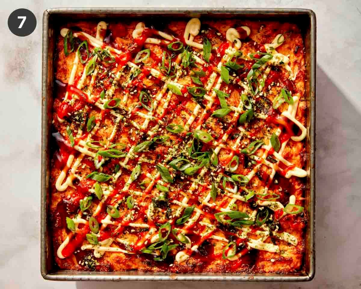 Salmon sushi bake in a baking dish ready to be served.