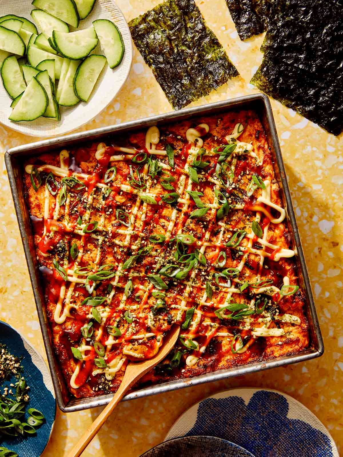 Salmon sushi bake recipe being served.