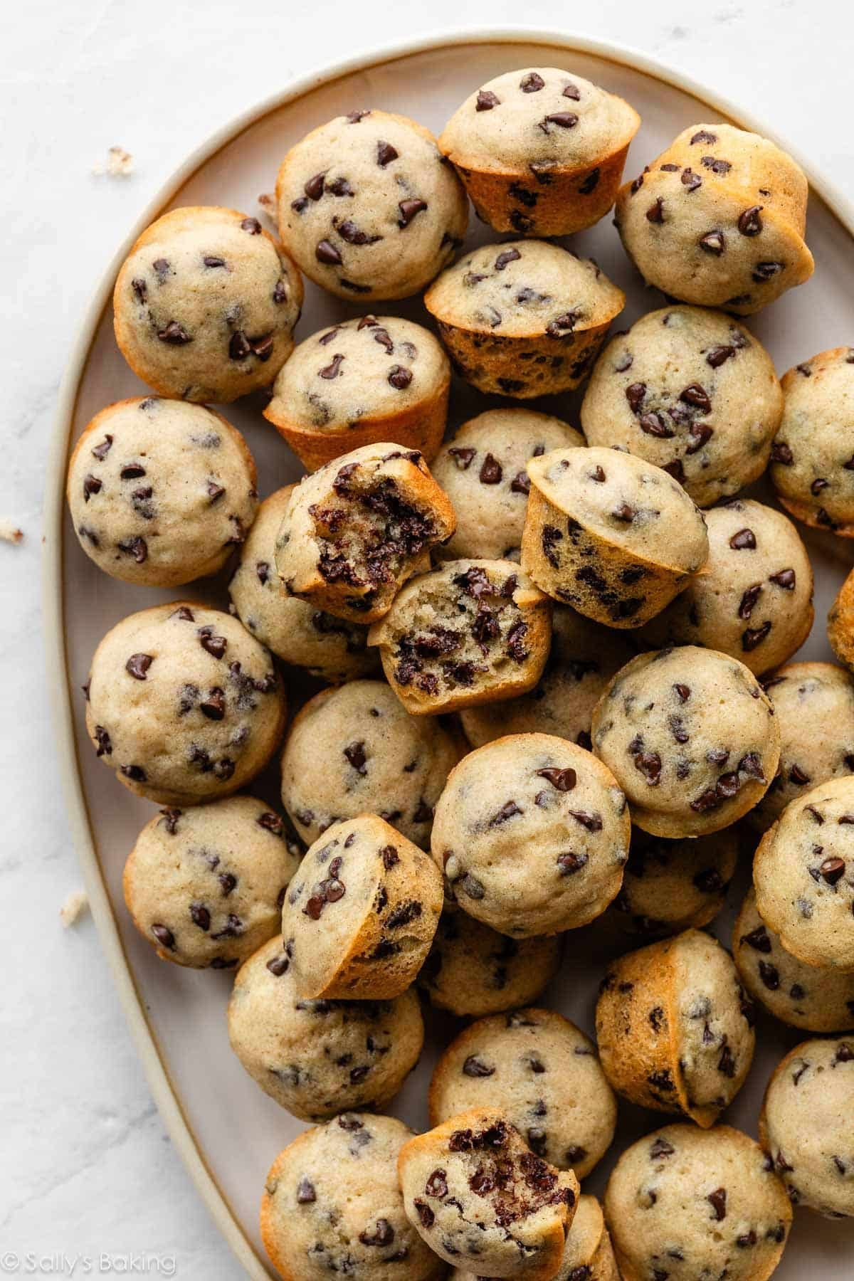 platter of mini chocolate chip muffins.