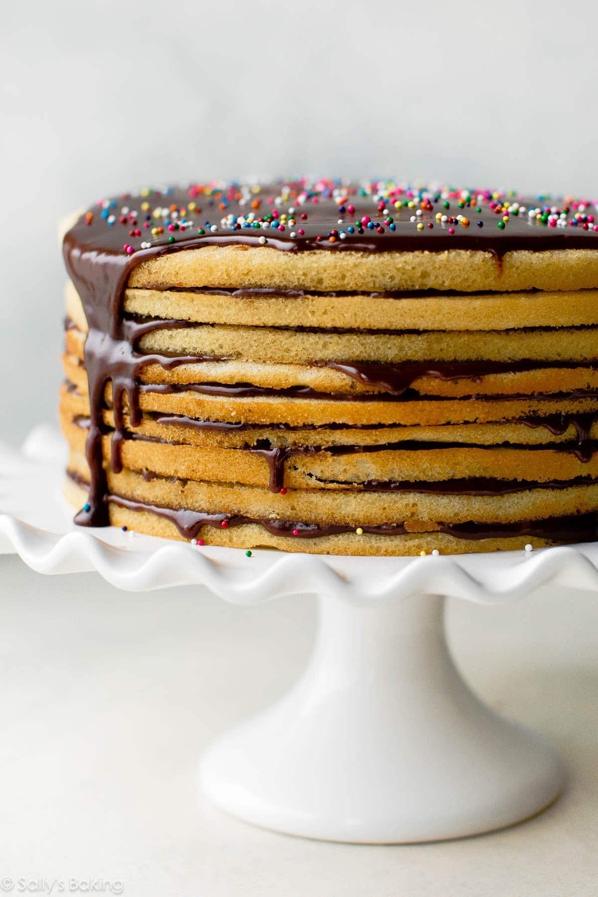 Smith Island cake on white cake stand.