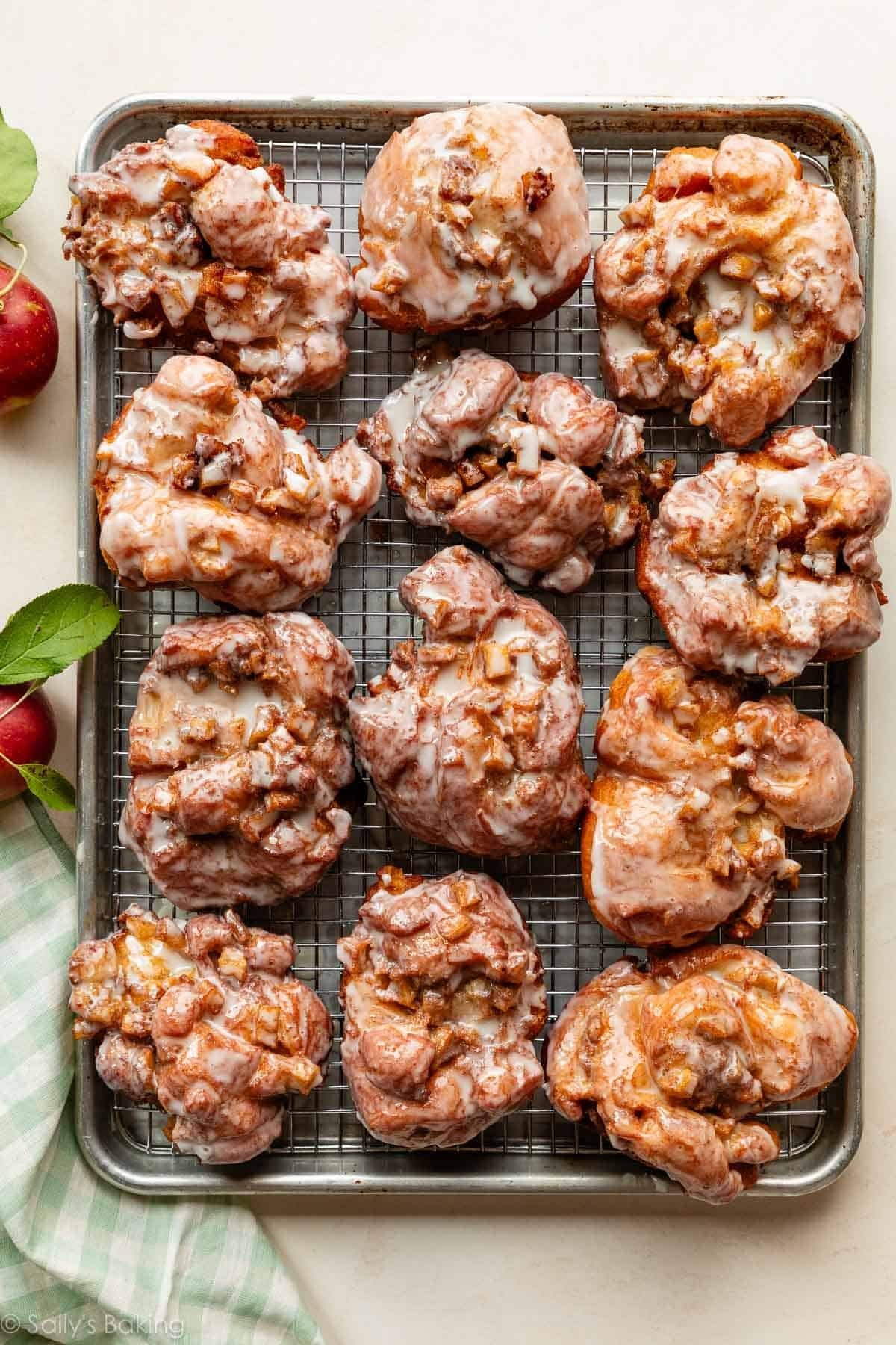 apple fritters on cooling rack.