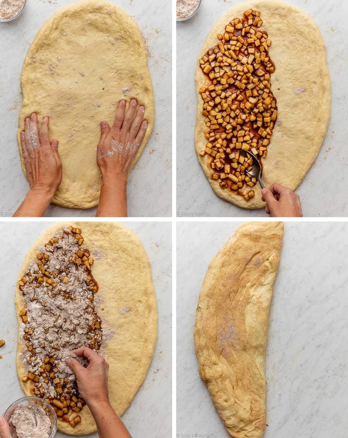 photo collage showing dough with spiced apple filling at different stages.