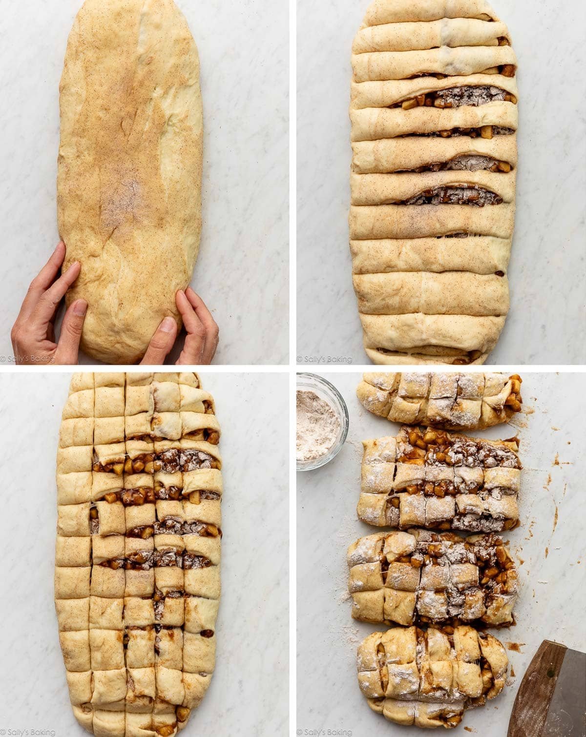 oval-shaped dough filled with apples and cut into sections.