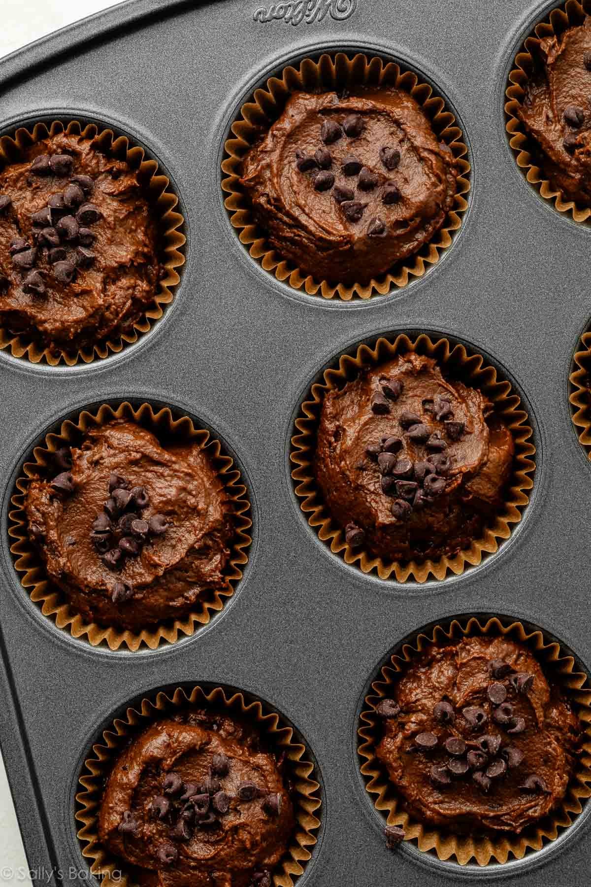 chocolate pumpkin muffin batter in lined muffin pan.
