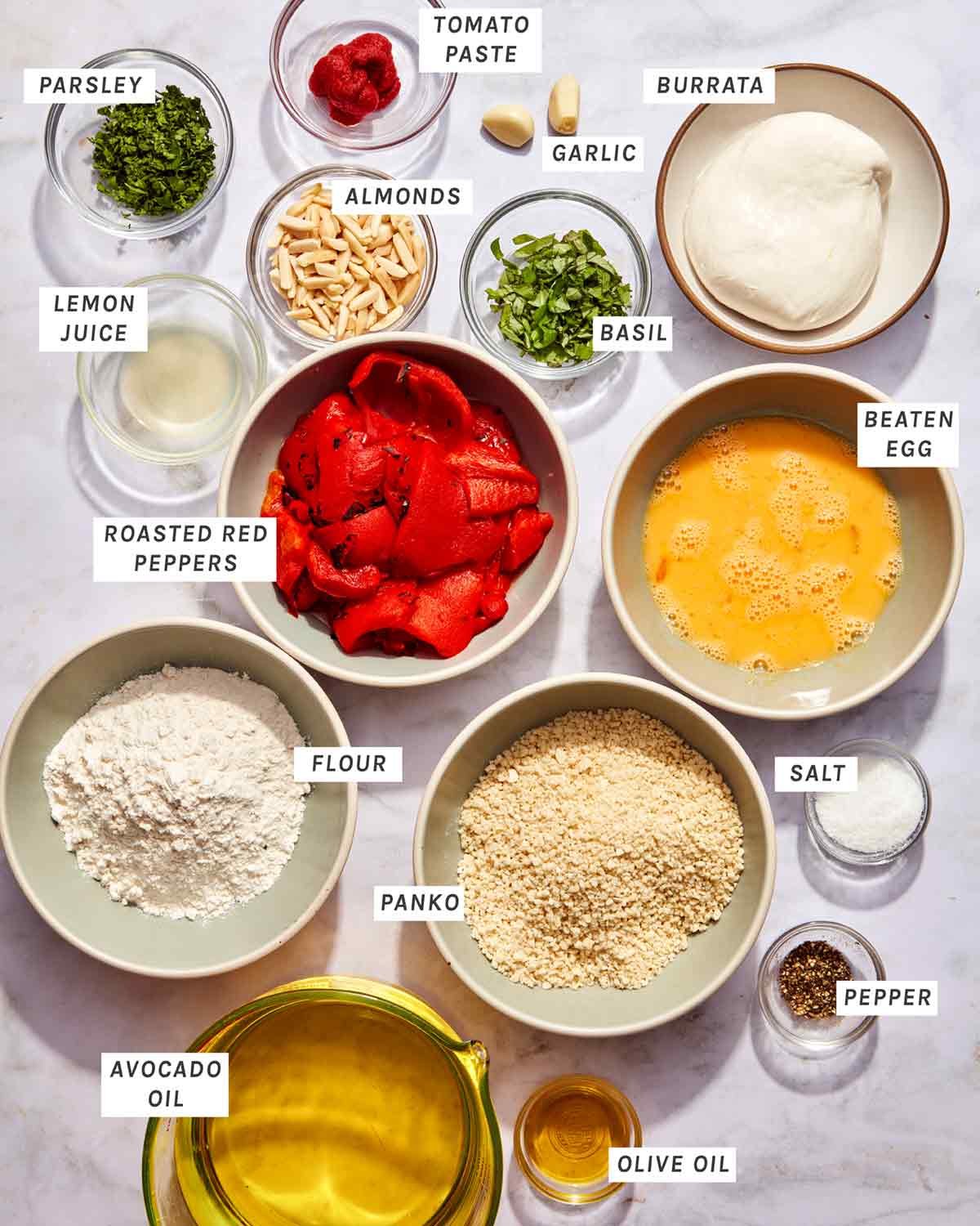 Ingredients to make fried burrata over a romesco sauce.