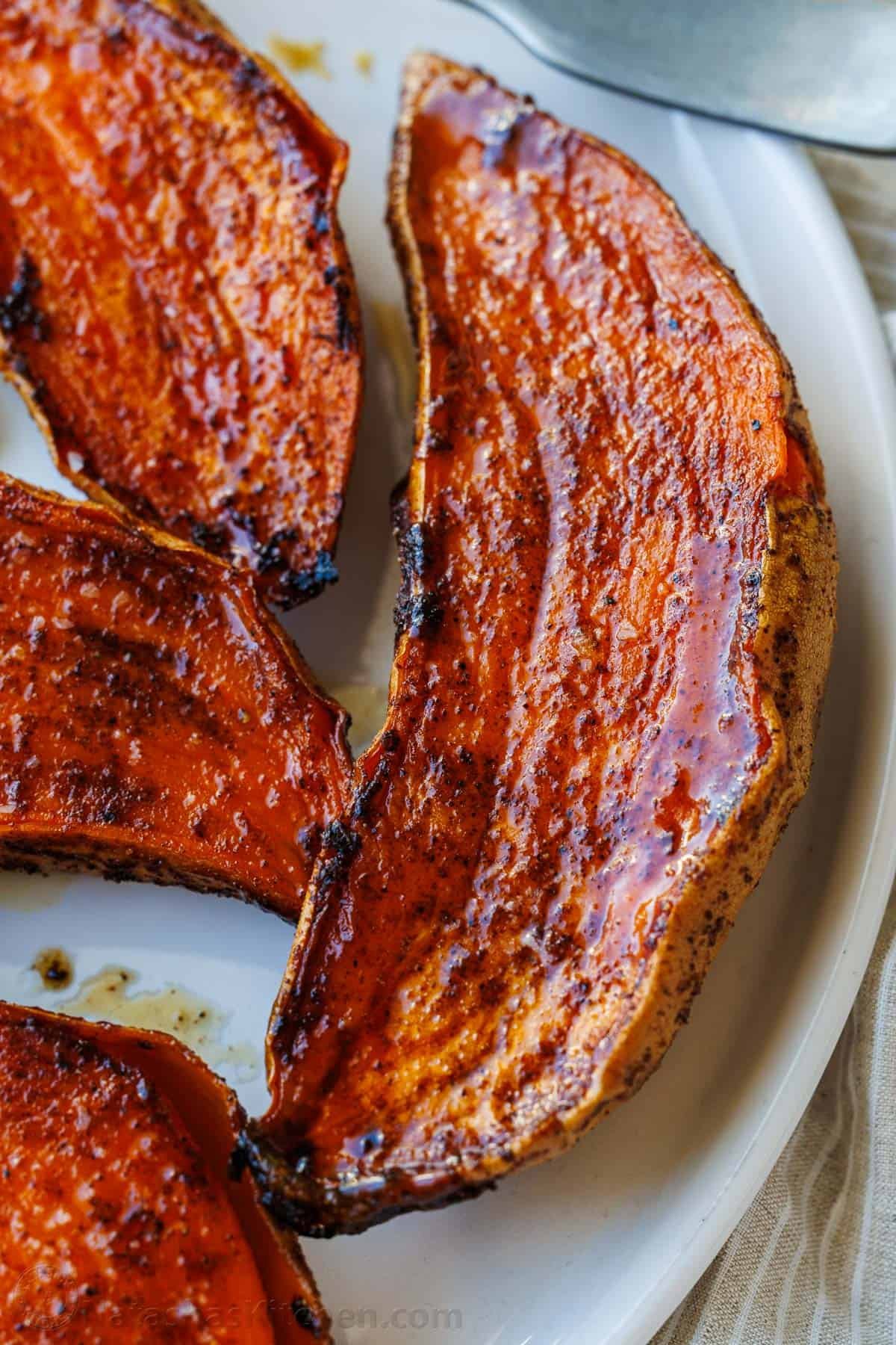 caramelized butter crust on roasted sweet potato halves