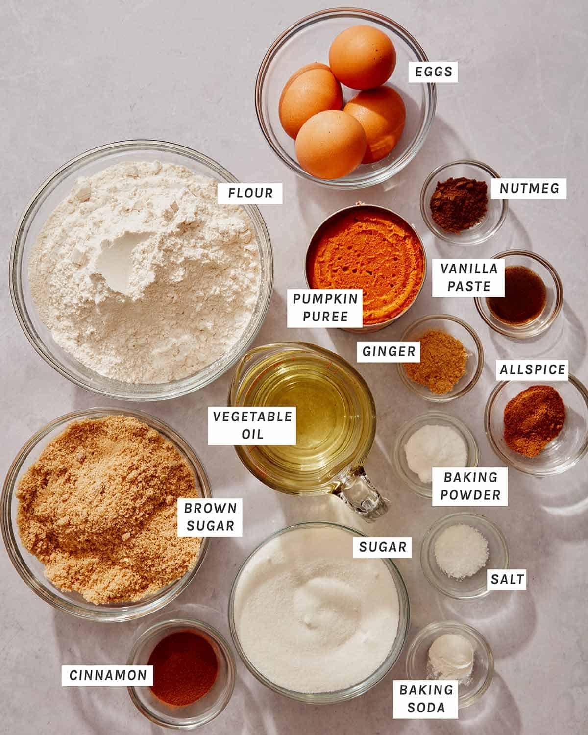 Pumpkin cake ingredients measured out. 