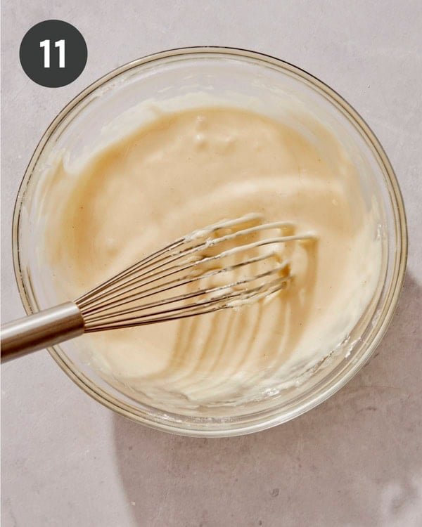 Pistachio glaze whisked together in a bowl.